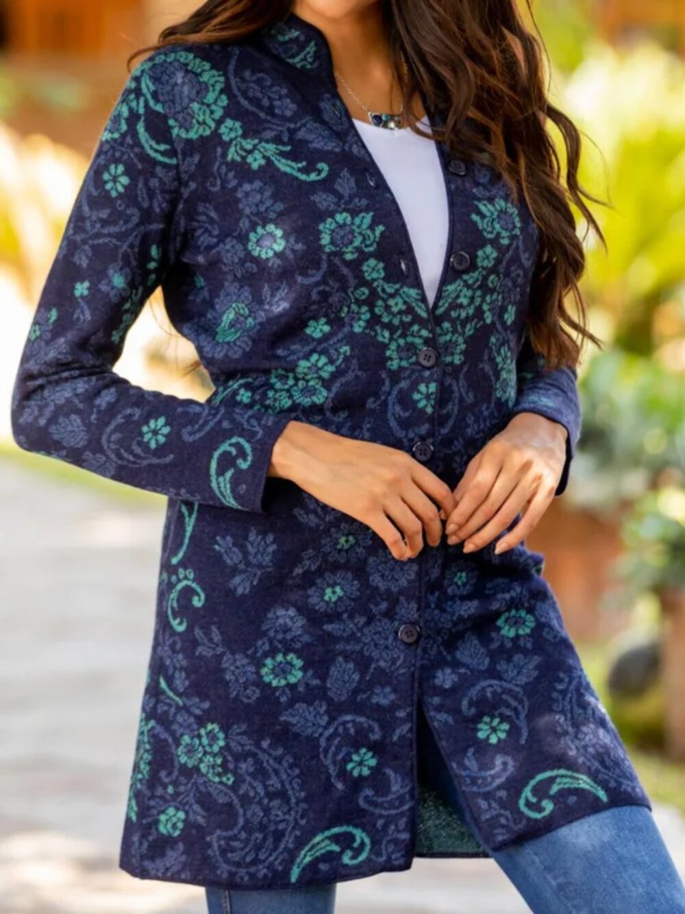 NOVICA Baby Alpaca Cardigan Floral Button Up Longline Sweater Blue Green